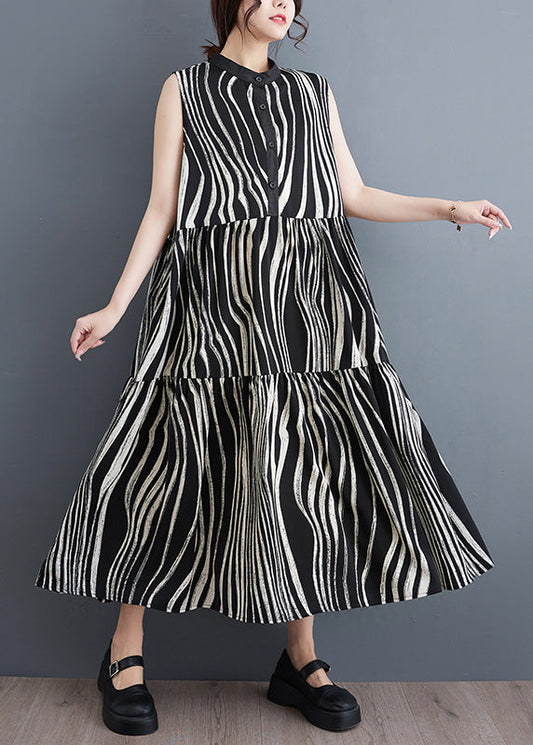 Italian Black Striped Stand Collar Patchwork Button Long Dress Summer