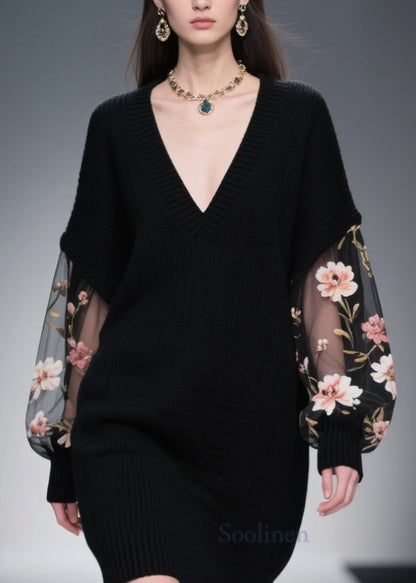Italian Black Tulle Floral Patchwork Knitwear Dress Fall