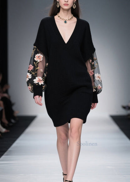 Italian Black Tulle Floral Patchwork Knitwear Dress Fall