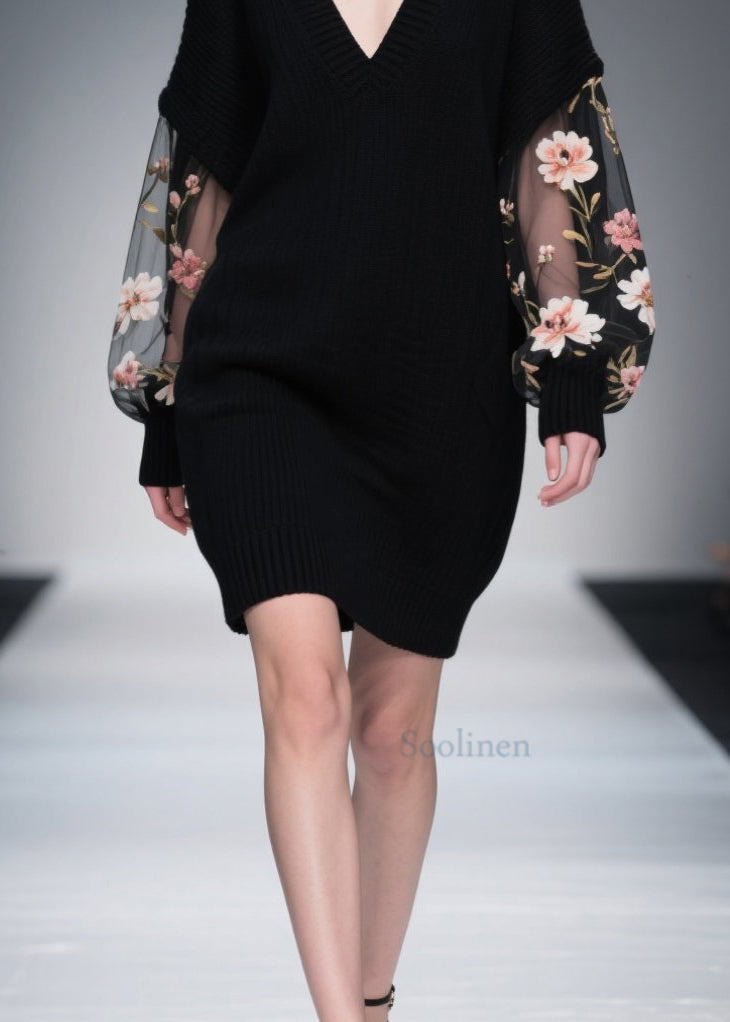 Italian Black Tulle Floral Patchwork Knitwear Dress Fall