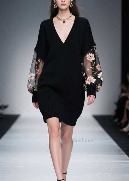 Italian Black Tulle Floral Patchwork Knitwear Dress Fall