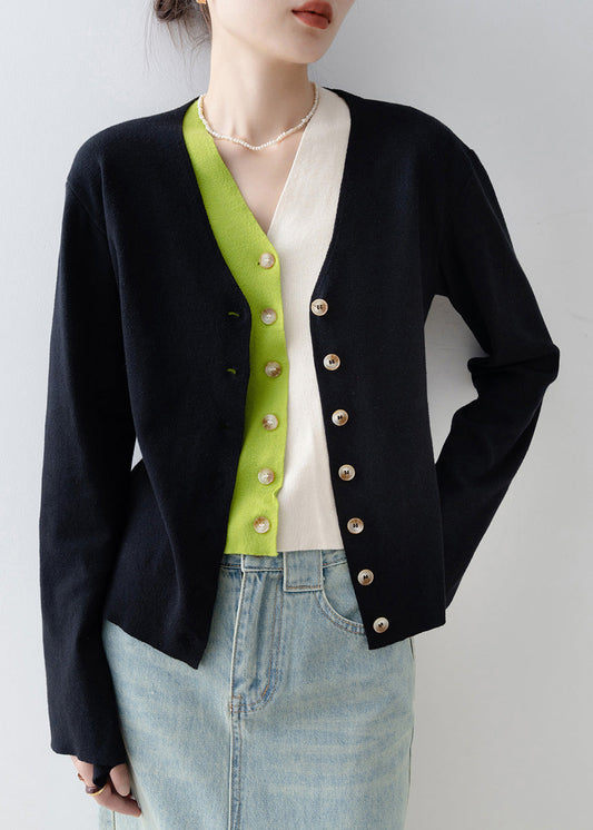 Italian Black V Neck Patchwork False Two Pieces Knit Cardigan Spring