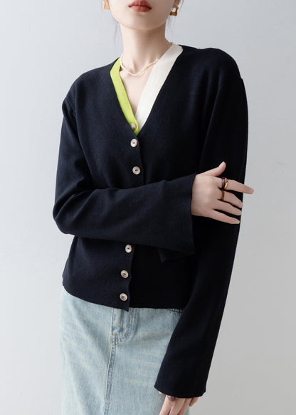 Italian Black V Neck Patchwork False Two Pieces Knit Cardigan Spring