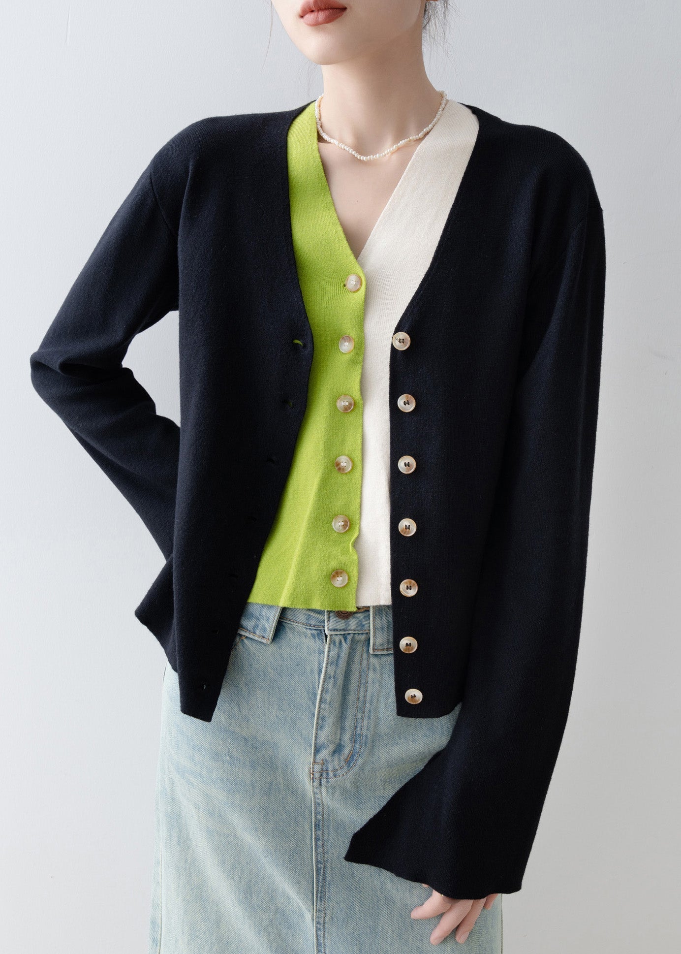 Italian Black V Neck Patchwork False Two Pieces Knit Cardigan Spring