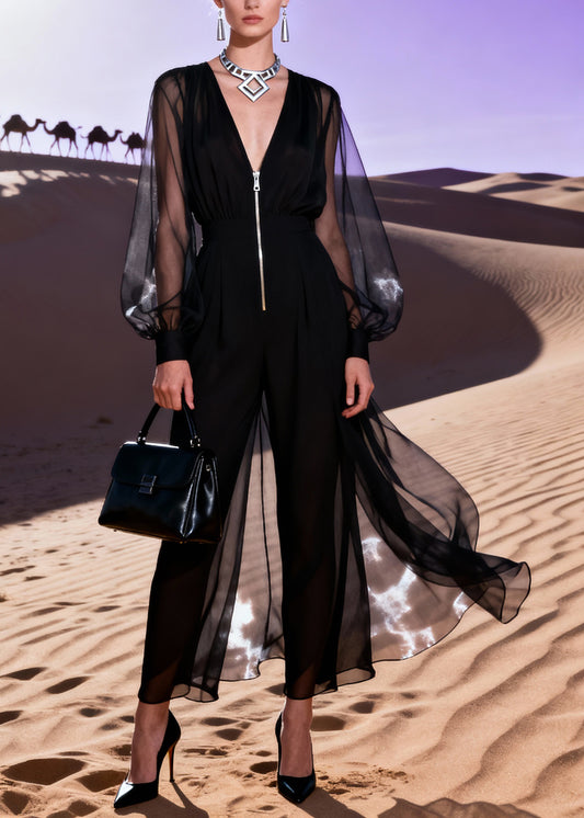 Italian Black V Neck Patchwork Solid Tulle Jumpsuit Lantern Sleeve