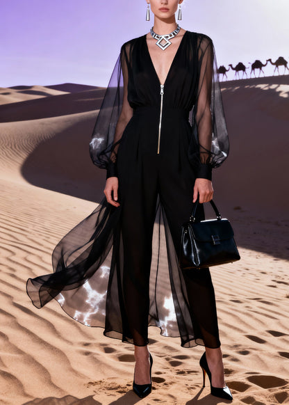 Italian Black V Neck Patchwork Solid Tulle Jumpsuit Lantern Sleeve