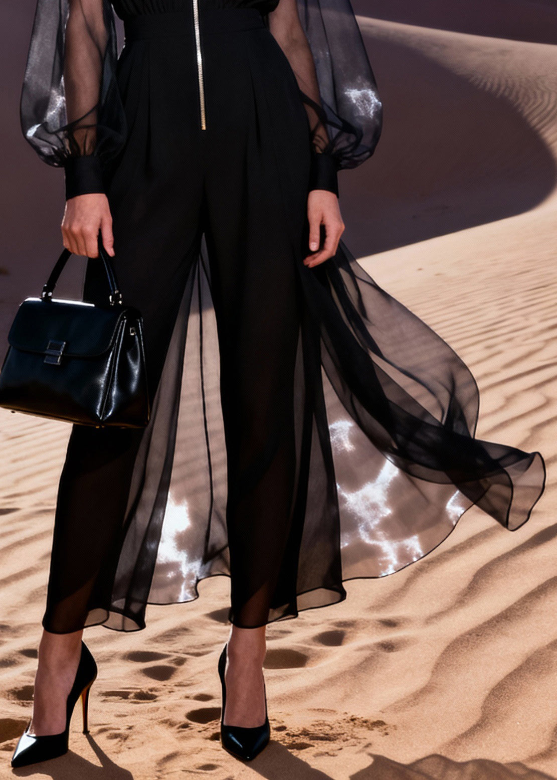 Italian Black V Neck Patchwork Solid Tulle Jumpsuit Lantern Sleeve