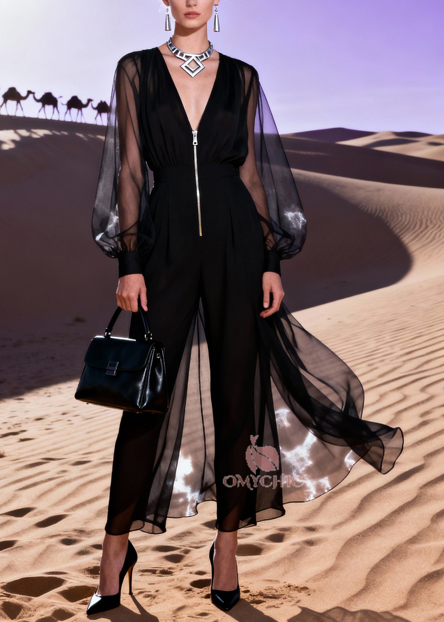 Italian Black V Neck Patchwork Solid Tulle Jumpsuit Lantern Sleeve