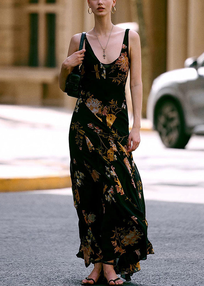 Italian Black V Neck Print Chiffon Spaghetti Strap Dress Sleeveless