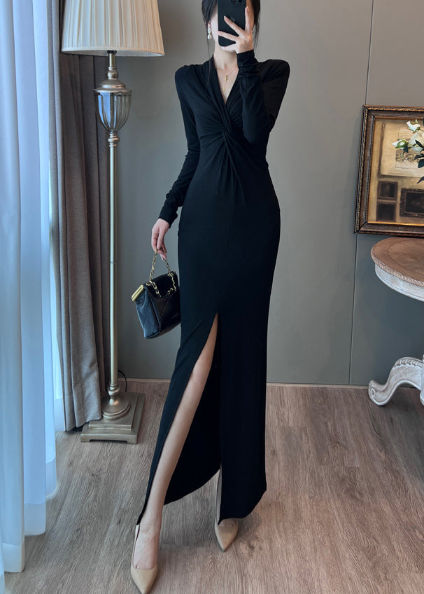 Italian Black V Neck Side Open Wraped Dresses Fall