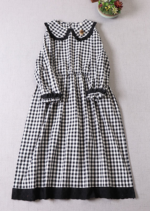 Italian Black White Plaid Cinched Patchwork Dresses Spring