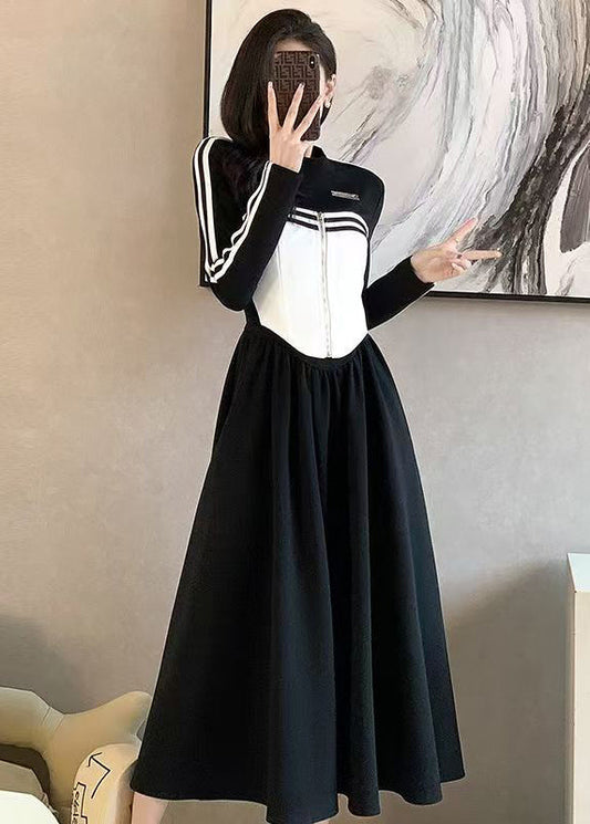 Italian Black Wrinkled Patchwork False Two Pieces Cotton Dress Spring