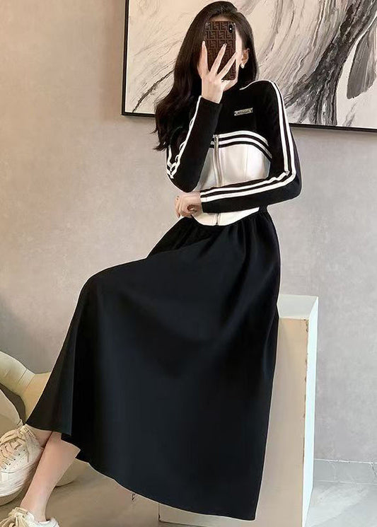 Italian Black Wrinkled Patchwork False Two Pieces Cotton Dress Spring