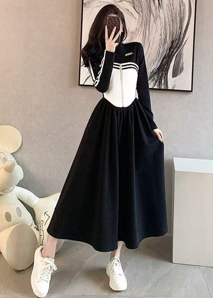 Italian Black Wrinkled Patchwork False Two Pieces Cotton Dress Spring