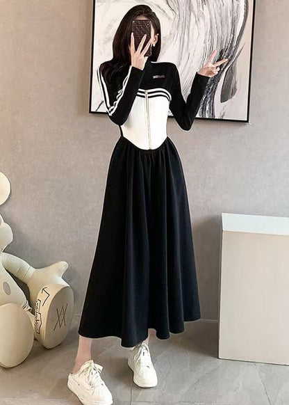 Italian Black Wrinkled Patchwork False Two Pieces Cotton Dress Spring