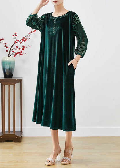 Italian Blackish Green Hollow Out Zircon Silk Velour Long Dresses Bracelet Sleeve