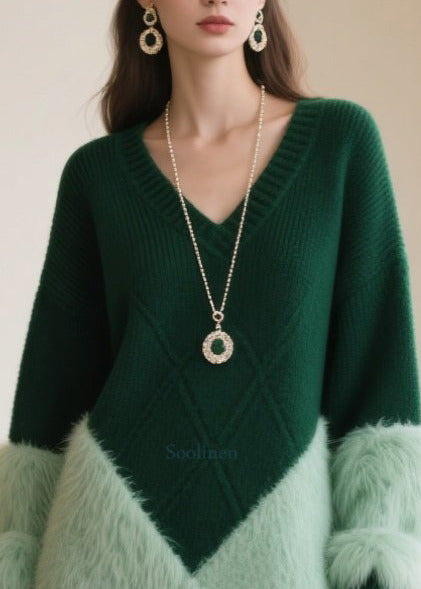 Italian Blackish Green V Neck Patchwork Faux Fur Sweater Dress Winter