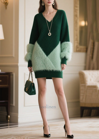 Italian Blackish Green V Neck Patchwork Faux Fur Sweater Dress Winter