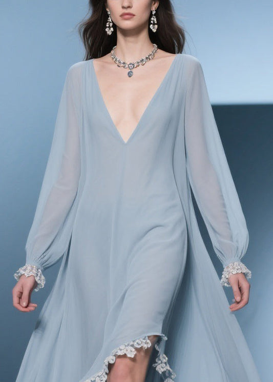 Italian Blue Asymmetrical Lace Chiffon Long Dresses Lantern Sleeve