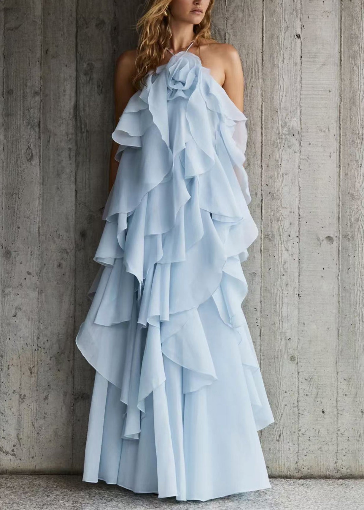 Italian Blue Backless Solid Chiffon Spaghetti Strap Dress Sleeveless