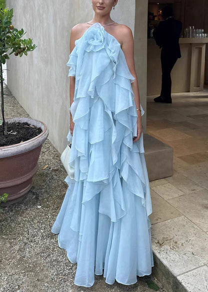 Italian Blue Backless Solid Chiffon Spaghetti Strap Dress Sleeveless