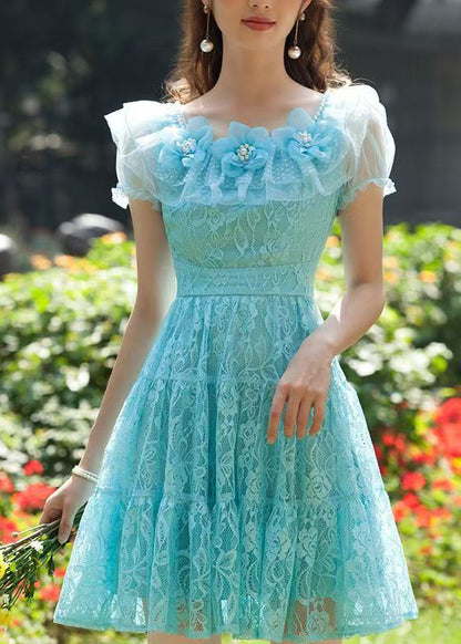 Italian Blue Floral Lace Tea Dress Summer