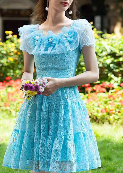 Italian Blue Floral Lace Tea Dress Summer