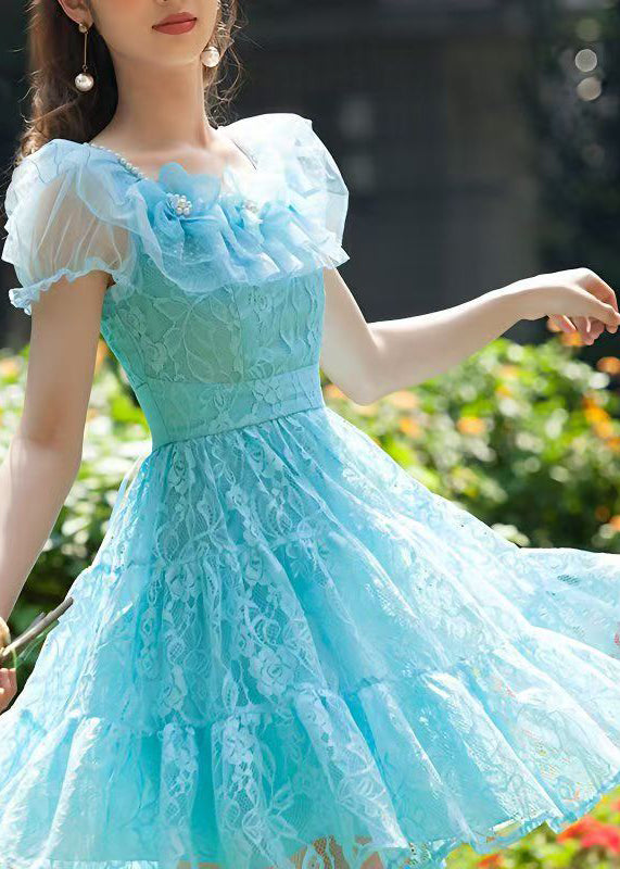 Italian Blue Floral Lace Tea Dress Summer