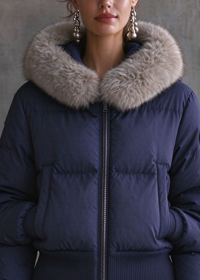 Italian Blue Fur Collar Zippered Detachable Down Coat Winter