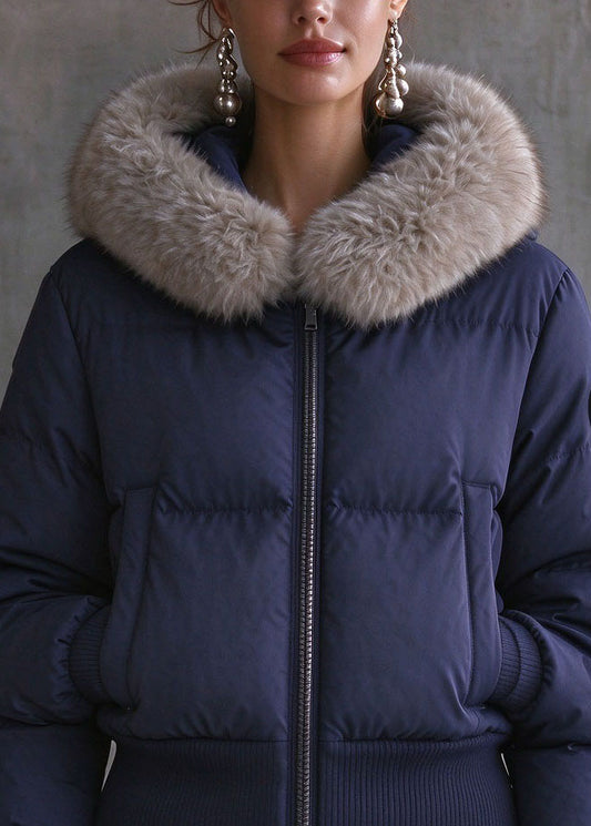 Italian Blue Fur Collar Zippered Detachable Down Coat Winter