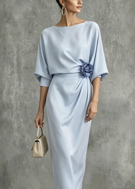 Italian Blue O Neck Floral Cotton Maxi Dress Summer