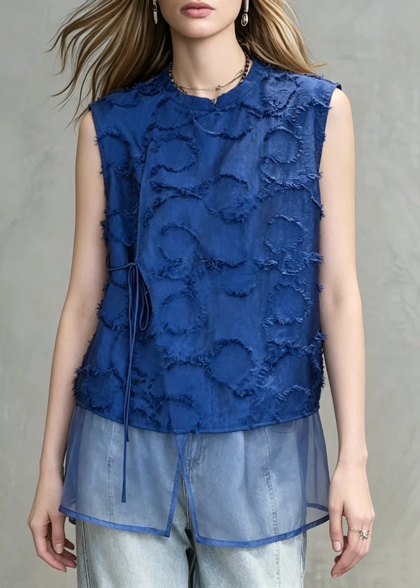 Italian Blue O-Neck Patchwork Tulle Tank Tops Sleeveless