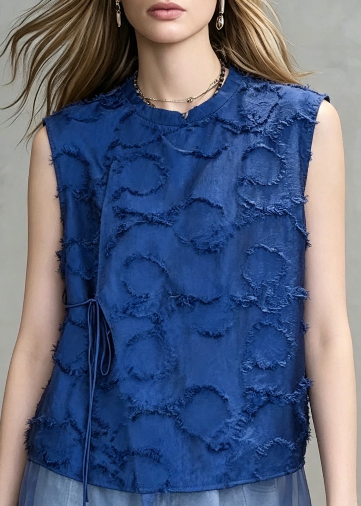 Italian Blue O-Neck Patchwork Tulle Tank Tops Sleeveless