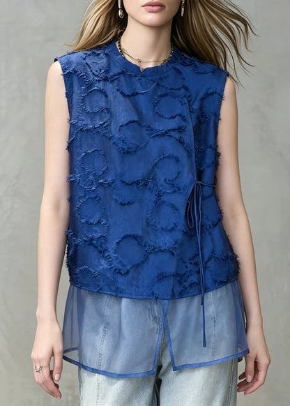 Italian Blue O-Neck Patchwork Tulle Tank Tops Sleeveless