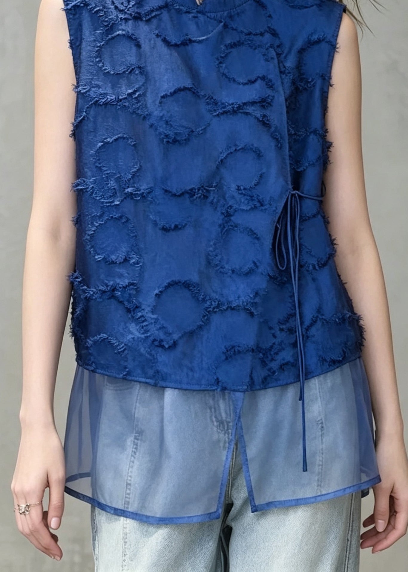 Italian Blue O-Neck Patchwork Tulle Tank Tops Sleeveless