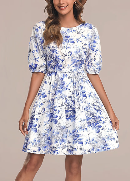 Italian Blue O Neck Print Tie Waist Cotton Mid Dress Summer