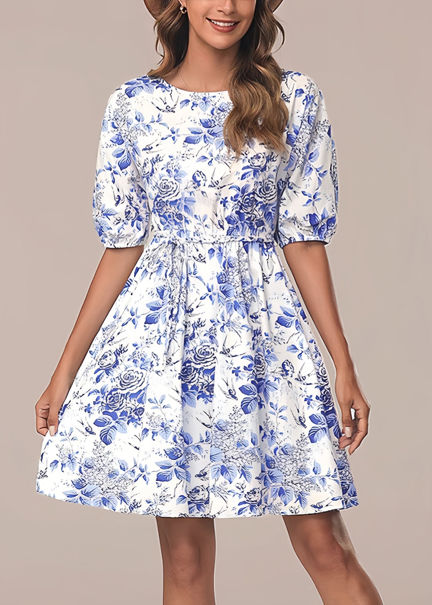 Italian Blue O Neck Print Tie Waist Cotton Mid Dress Summer