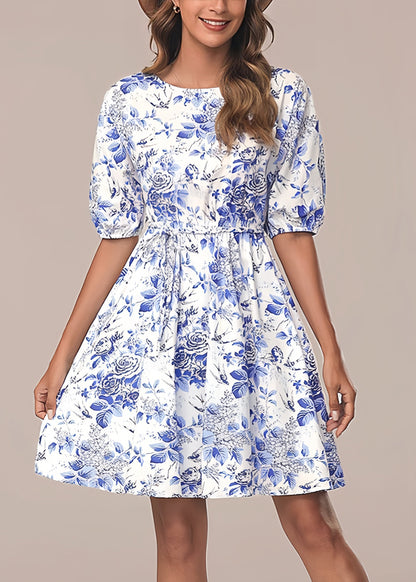 Italian Blue O Neck Print Tie Waist Cotton Mid Dress Summer