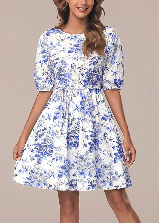 Italian Blue O Neck Print Tie Waist Cotton Mid Dress Summer