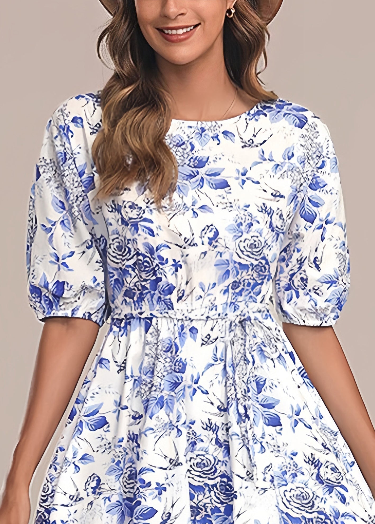 Italian Blue O Neck Print Tie Waist Cotton Mid Dress Summer