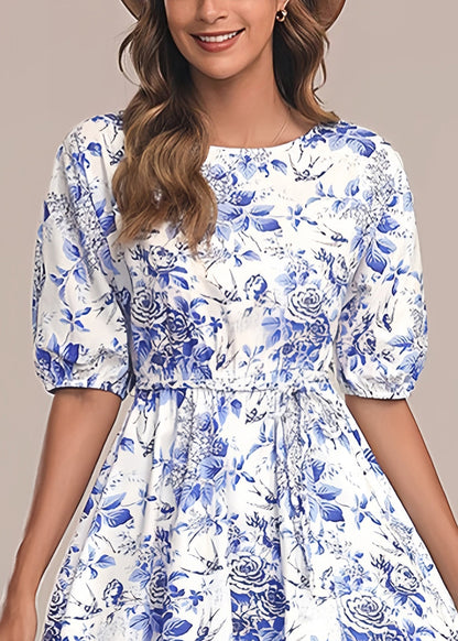 Italian Blue O Neck Print Tie Waist Cotton Mid Dress Summer