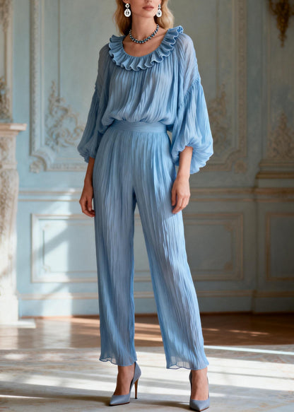 Italian Blue O-Neck Ruffled Patchwork Silk Two-Piece Set Summer