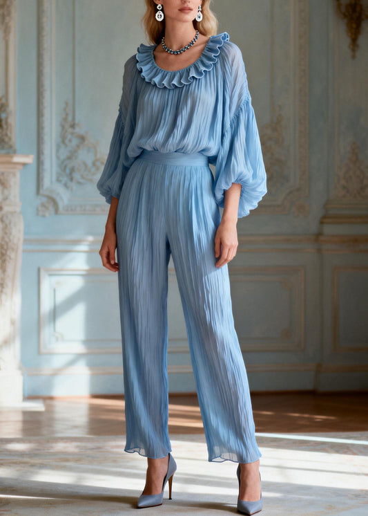 Italian Blue O-Neck Ruffled Patchwork Silk Two-Piece Set Summer
