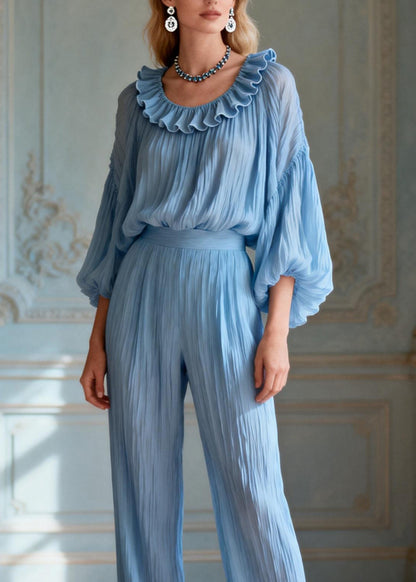 Italian Blue O-Neck Ruffled Patchwork Silk Two-Piece Set Summer