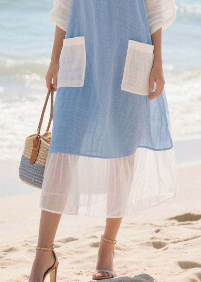 Italian Blue Oversized Patchwork Cotton Holiday Dress Summer
