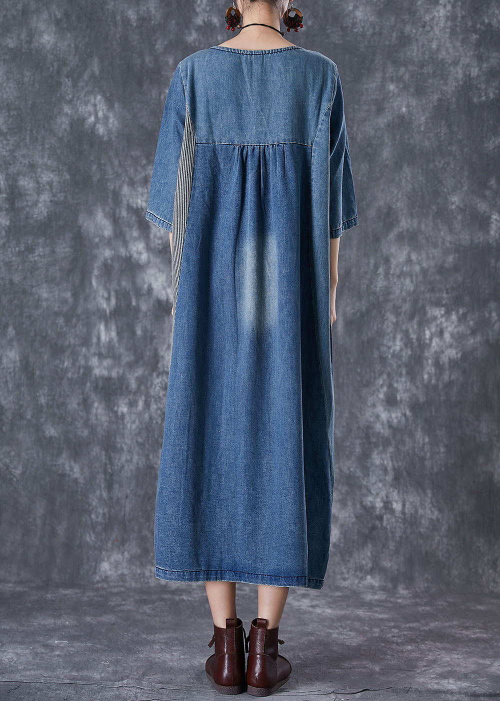 Italian Blue Oversized Patchwork Striped Denim Dresses Half Sleeve