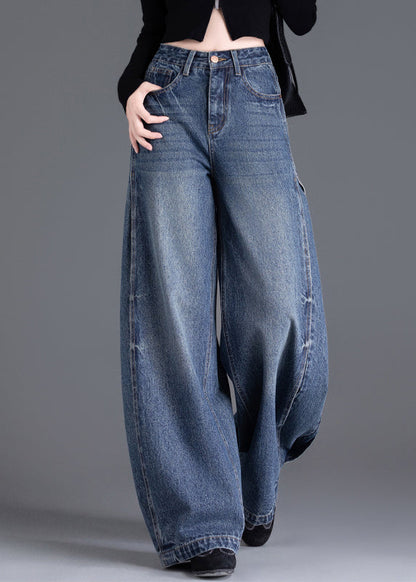 Italian Blue Oversized Warm Fleece Denim Wide Leg Pants Winter