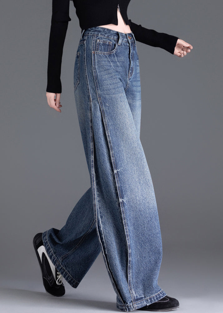 Italian Blue Oversized Warm Fleece Denim Wide Leg Pants Winter