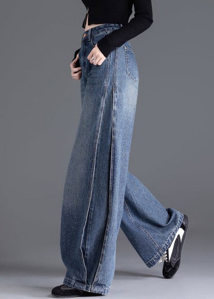 Italian Blue Oversized Warm Fleece Denim Wide Leg Pants Winter