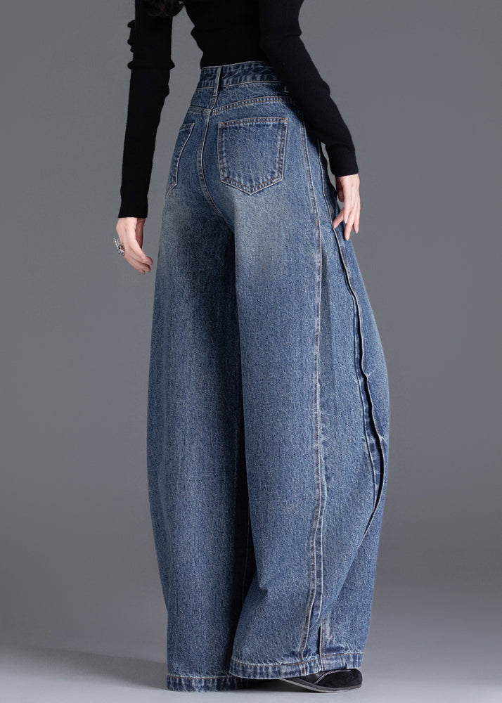 Italian Blue Oversized Warm Fleece Denim Wide Leg Pants Winter
